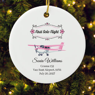 Student Pilot First Solo Flight Pink Aeroplane xma Ceramic Tree Decoration