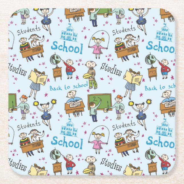Students, School, & Studies Cartoon Pattern Square Paper Coaster (Front)