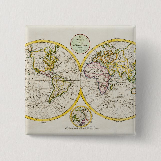 Studio shot of antique world map 15 cm square badge (Front)