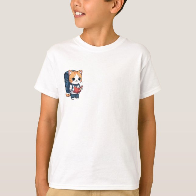 Studious School Cat Reading Kids T-Shirt (Front)