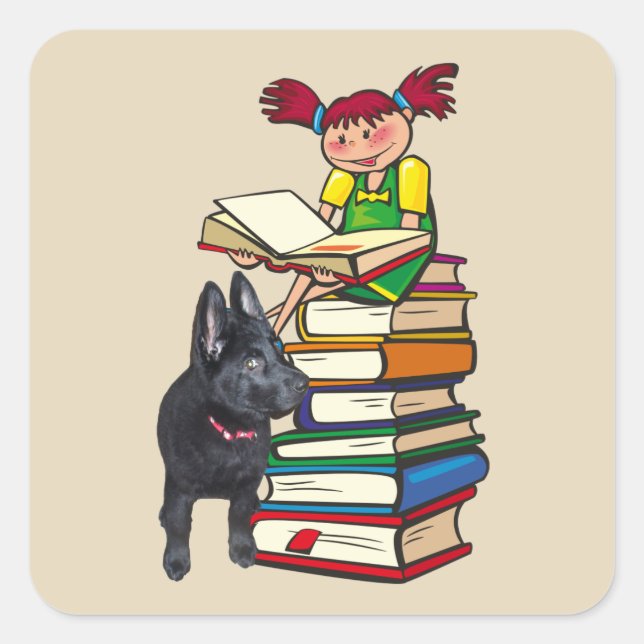 Study Buddy GSD Puppy & School Girl on Books Square Sticker (Front)
