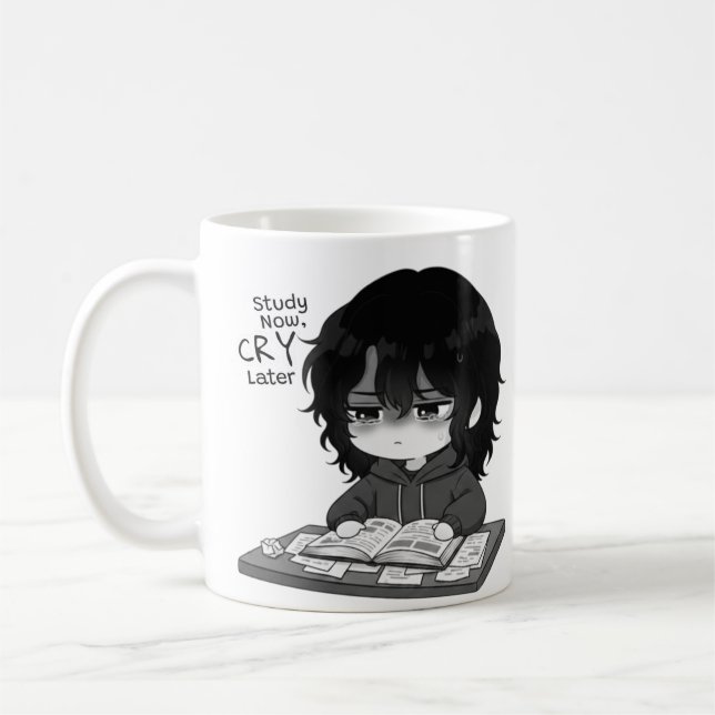 Study Now Cry Later Relatable Chibi Student Illust Coffee Mug (Left)