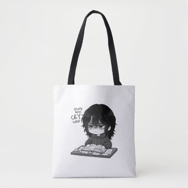 Study Now Cry Later Relatable Chibi Student Illust Tote Bag (Front)