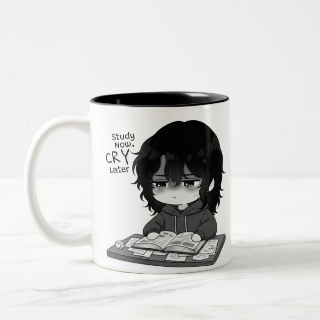 Study Now Cry Later Relatable Chibi Student Illust Two-Tone Coffee Mug (Left)