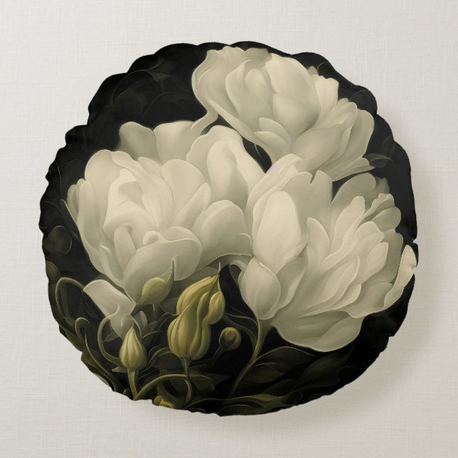 Study of a Peony Flower in White Round Cushion (Front)
