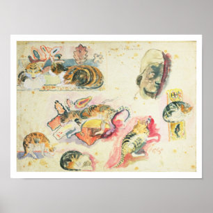 Study of Cats and a Head (w/c on paper) Poster