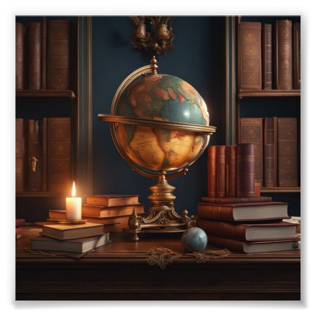 Study with Globe, Books and Candle Photo Print (Front)