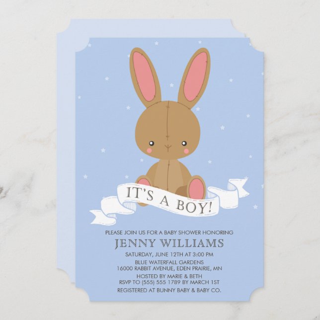 Stuffed Brown Bunny Rabbit Boy Baby Shower Invite (Front/Back)