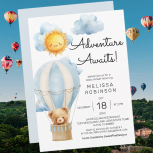 Stuffed Teddy Bear Air Balloon Baby Boy Shower Invitation