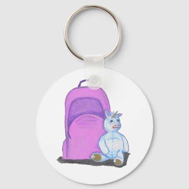 Stuffed Unicorn sits by a purple school Backpack Key Ring (Front)