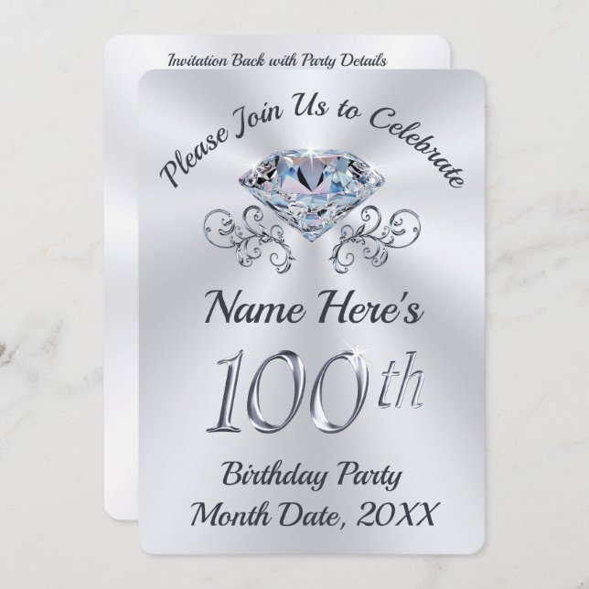 Stunning, 100th Birthday Party Invitations (Front/Back)