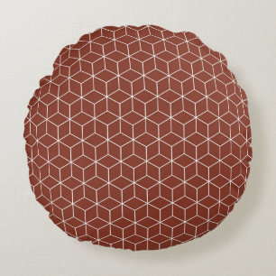 Stunning 3D Effects: White Cubes on Brick-Red Round Cushion