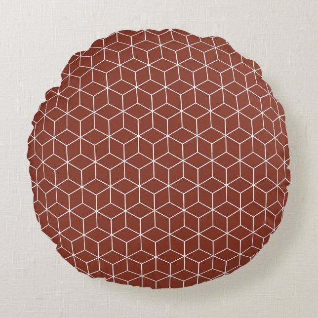 Stunning 3D Effects: White Cubes on Brick-Red  Round Cushion (Front)