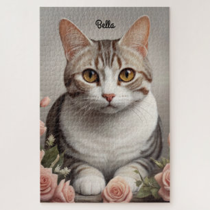 Stunning American Shorthair Cat with Delicate Rose Jigsaw Puzzle
