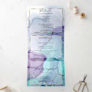Stunning Aqua Violet Abstract Ink Tri-Fold Invitat Invitation
