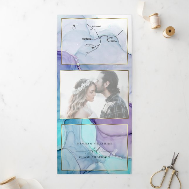 Stunning Aqua Violet Abstract Ink Tri-Fold  Invitation (Outside)