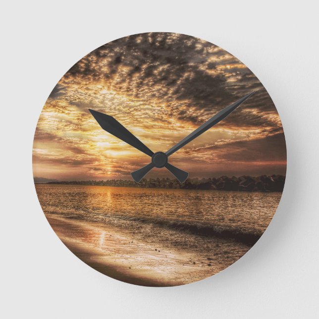 Stunning Beach Sunrise Round Clock (Front)