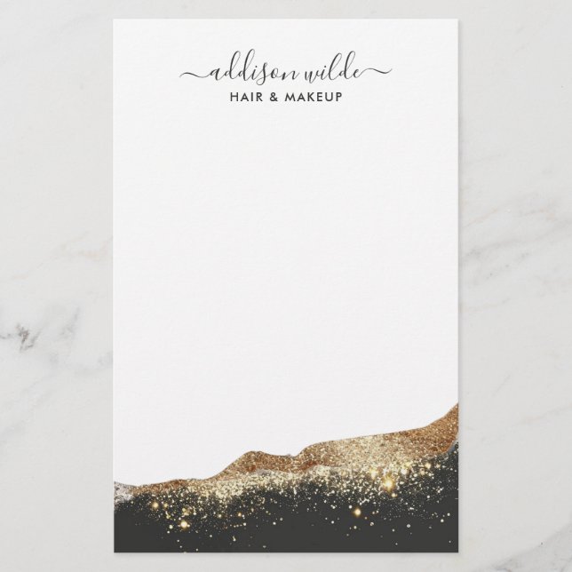 Stunning Black And Gold Glitter Trendy Script Stationery (Front)