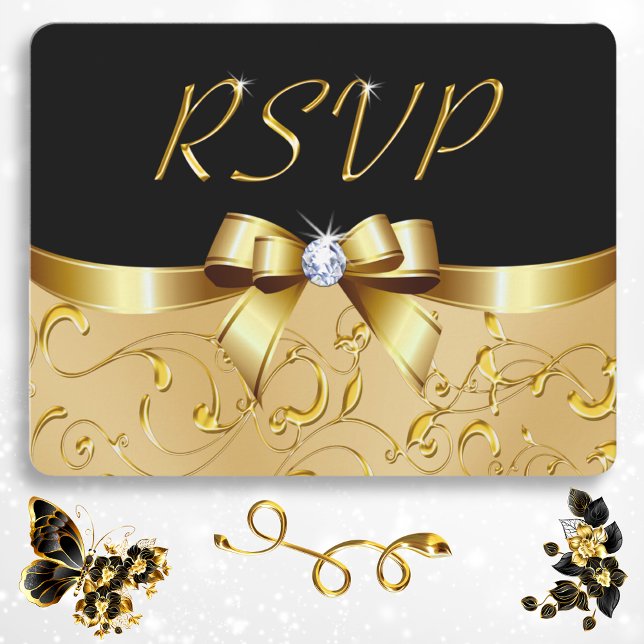 Stunning Black and Gold RSVP Cards with Envelopes (Elegant RSVP Cards. Personalized RSVP Cards. 50th anniversary RSVP cards. Elegant RSVP. Gold RSVP.)