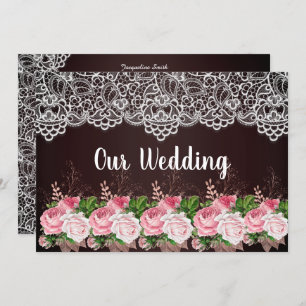 Stunning Black Background Pink Floral Lace Wedding Invitation