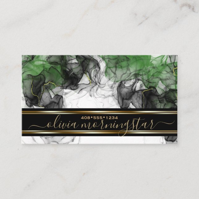 Stunning Black Emerald Gold Accent Fluid Art Business Card (Front)
