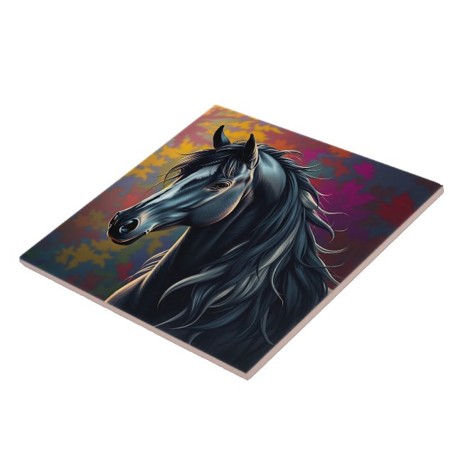 Stunning Black Friesian Horse in the Fall Tile (Side)