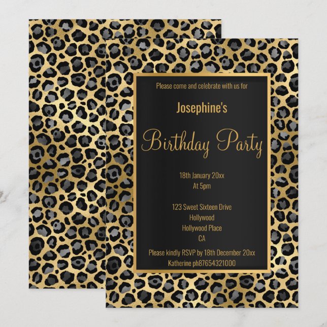 STUNNING BLACK & GOLD 2 LEOPARD BIRTHDAY  INVITATION (Front/Back)
