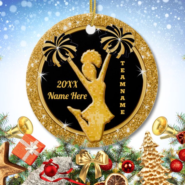Stunning Black Gold Custom Cheerleader Ornaments (Personalized Cheerleader Ornaments. Cheap Cheer gifts for squad. Great, Cheerleading party favors. )