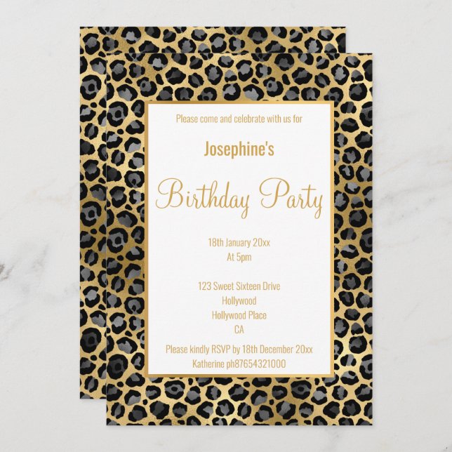 STUNNING BLACK & GOLD LEOPARD BIRTHDAY  INVITATION (Front/Back)