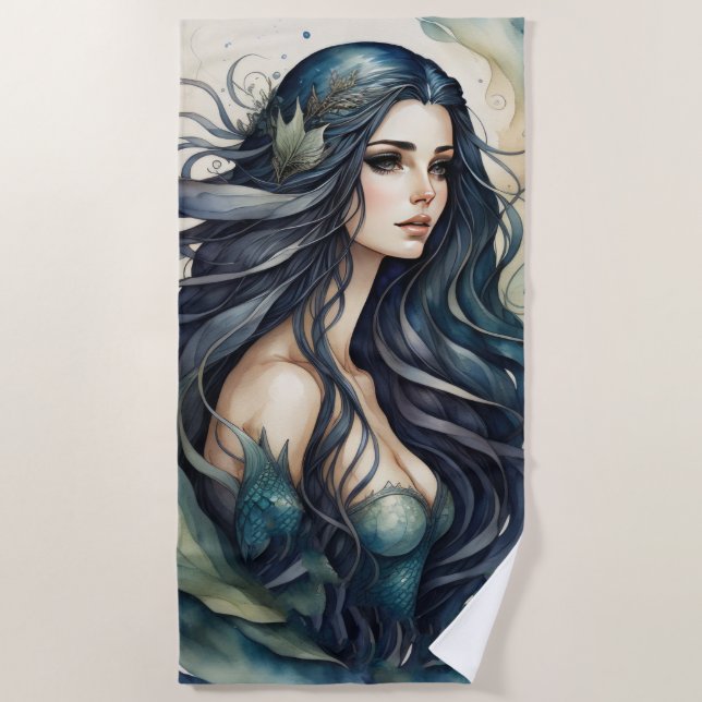 Stunning Black Haired Mermaid Beach Towel (Front)