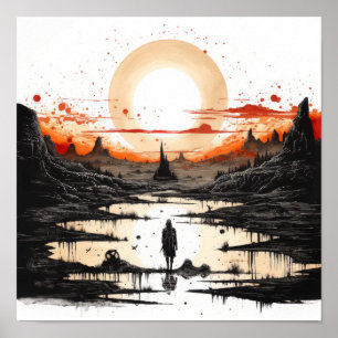 Stunning Black Ink Drawing of Native American Suns Poster