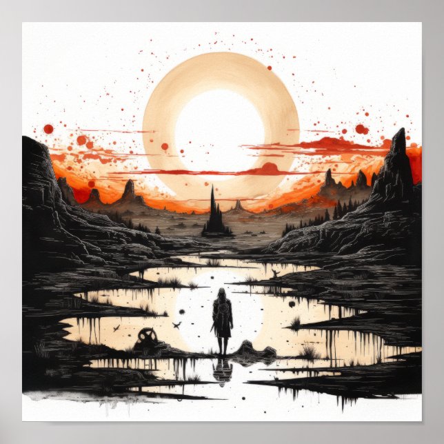 Stunning Black Ink Drawing of Native American Suns Poster (Front)