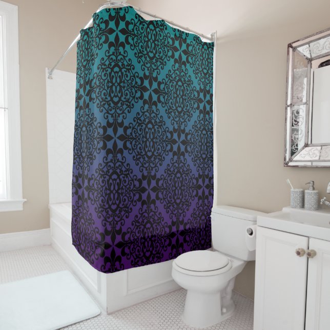 Stunning Black Teal And Purple Pattern Shower Curtain (In Situ)
