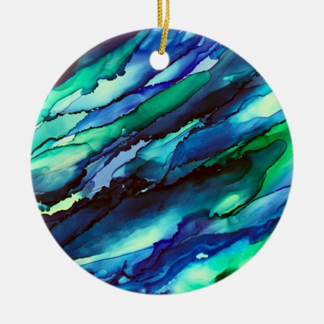 Stunning Blue Alcohol Ink Painting Ceramic Tree Decoration (Front)