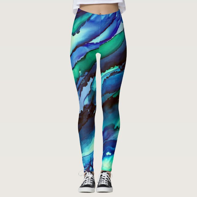 Stunning Blue Alcohol Ink Painting Leggings (Front)