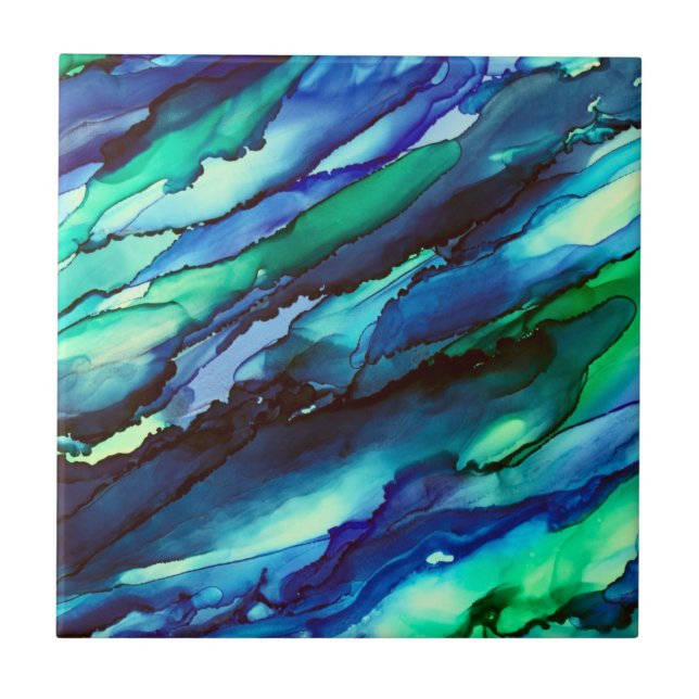 Stunning Blue Alcohol Ink Painting Tile (Front)