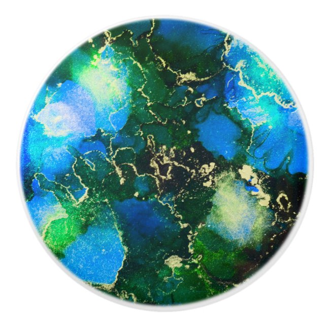 Stunning Blue and Gold Alcohol Ink Painting Ceramic Knob (Front)