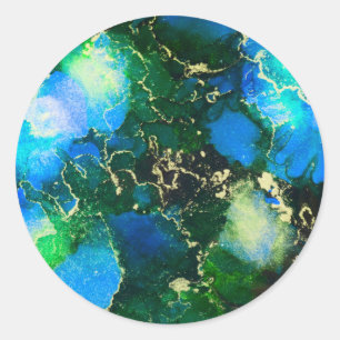 Stunning Blue and Gold Alcohol Ink Painting Classic Round Sticker