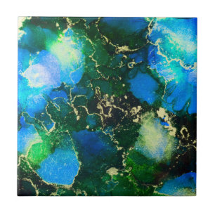 Stunning Blue and Gold Alcohol Ink Painting Tile