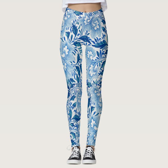  Stunning Blue and White Floral Asian Look Leggings (Front)