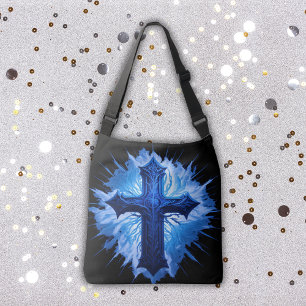 Stunning Blue Christian Cross on black   Crossbody Bag
