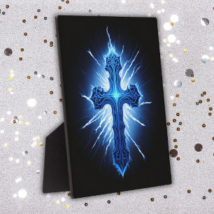 Stunning Blue Christian Cross on black Plaque