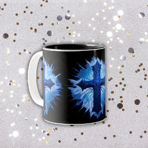 Stunning Blue Christian Cross on black Two-Tone Coffee Mug