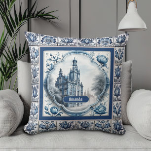 Stunning Blue Floral Chinoiserie Toile Monogram Cushion
