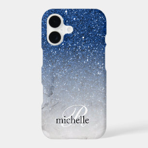Stunning Blue Glitter Ombre Marble Monogram