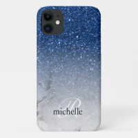 Stunning Blue Glitter Ombre Marble Monogram