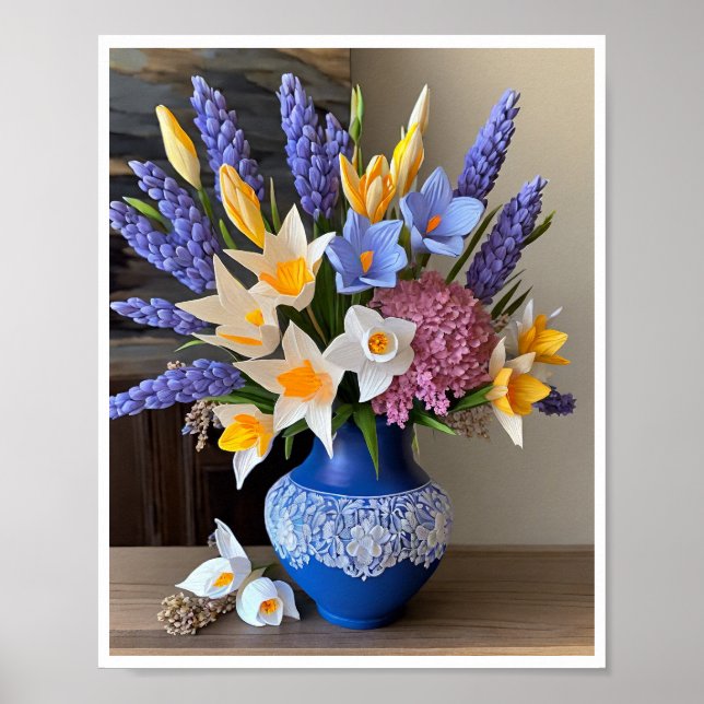 Stunning Blue Vase Floral Arrangement Daffodils Poster (Front)