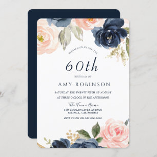 Stunning Blush & Navy Floral 60th Birthday Party Invitation