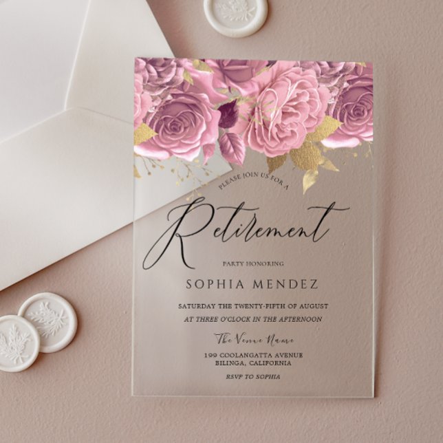 Stunning Blush Pink Floral Gold Retirement Party Acrylic Invitations (Creator Uploaded)