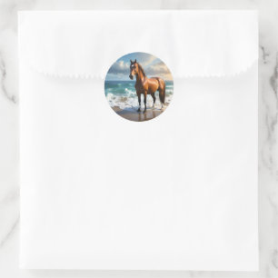 Stunning Brown Horse On The Beach, Classic Round Sticker